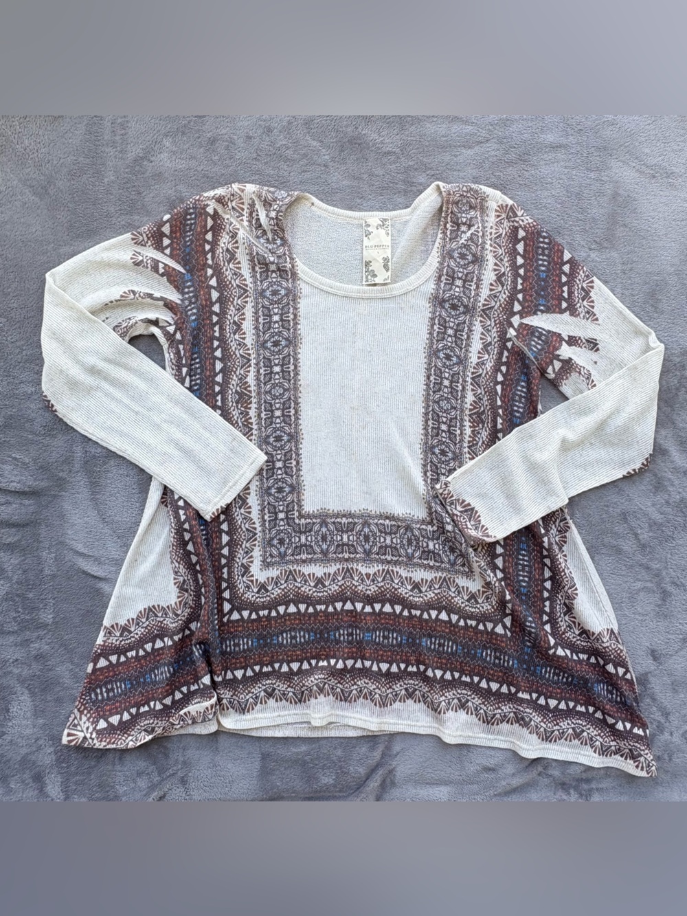Blu Pepper Cream Long Sleeve Boho-Print Pullover with Brown and Blue Accents